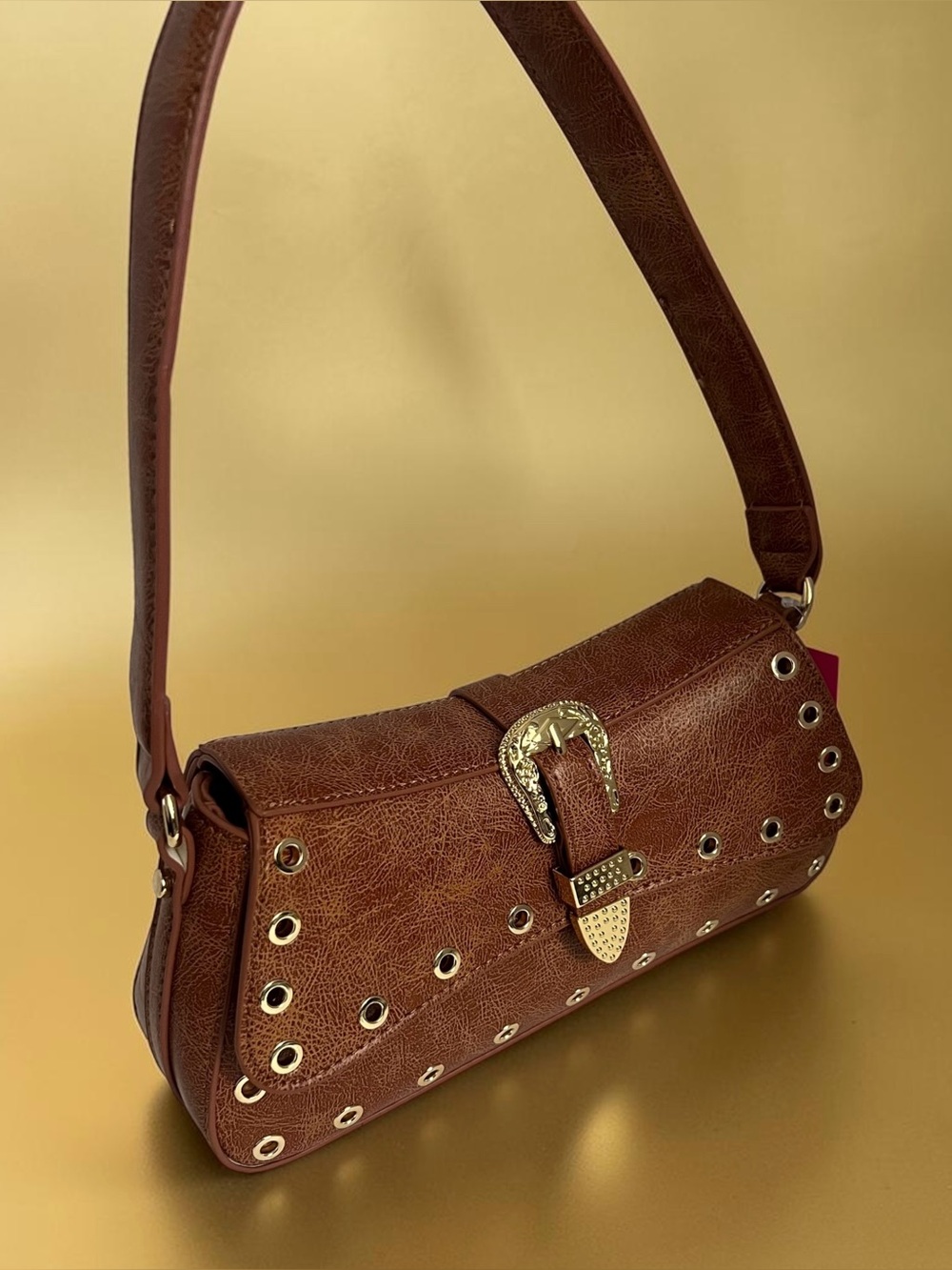 Betsey Johnson Brown Buckle Shoulder Bag with Gold Studs